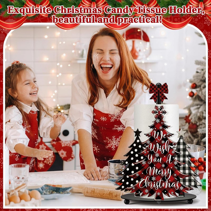 Shellwei Christmas Tree Paper Towel Holder with Round Base Buffalo Plaid Christmas Bathroom Decor Rustic Xmas Tree Dispenser Kitchen Paper Holder Stand for Xmas Countertop Toilet Home Accessories - Image 2
